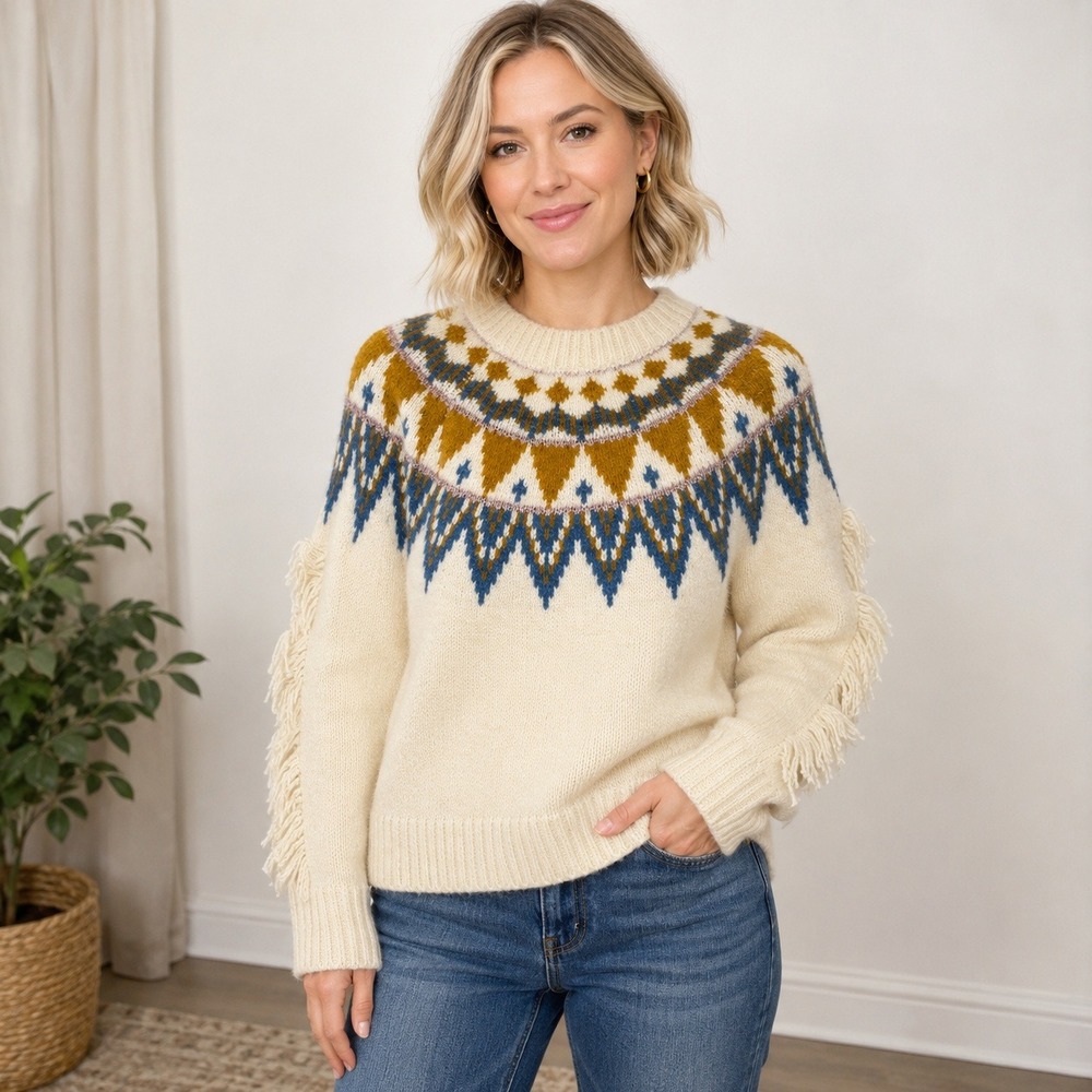 Greylin Glenna Fair Isle Fringe‎ Sleeve Sweater Cream Blue Women's M